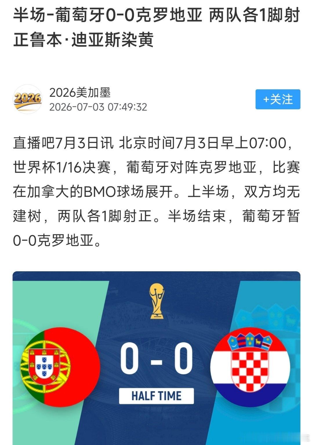 葡萄牙vs克罗地亚半场葡萄牙0比0克罗地亚！葡萄牙中场倒来倒去，最后还是靠两个边
