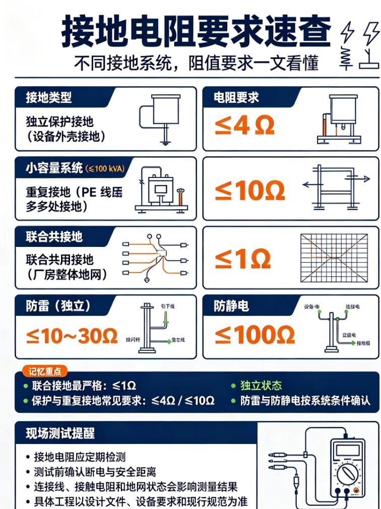 电气人必看！接地电阻要求标准速查表，建议收藏！
🔌搞电气、做工程、管安全的兄弟