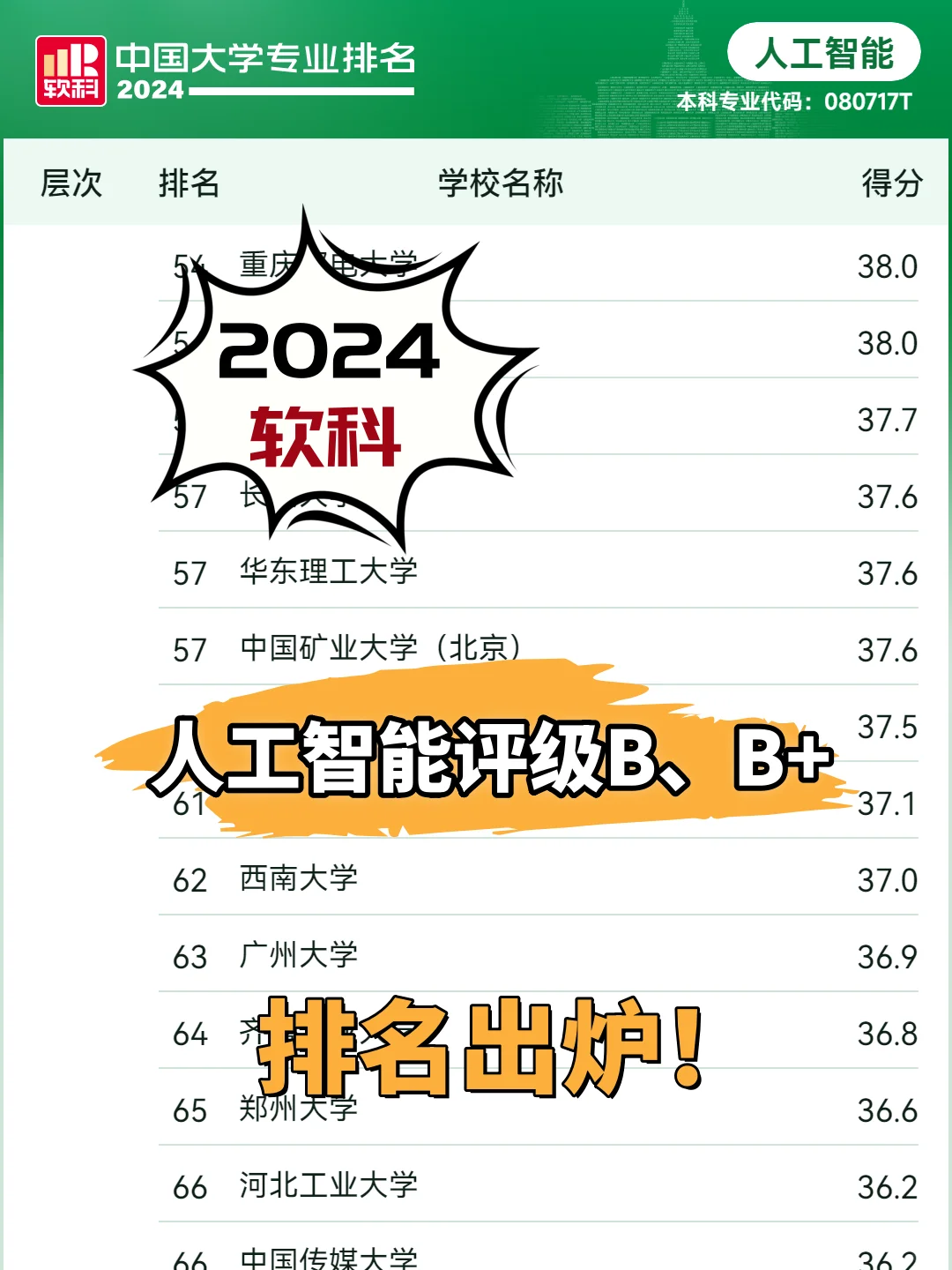 2024年软科人工智能评级B、B+的院校有哪些