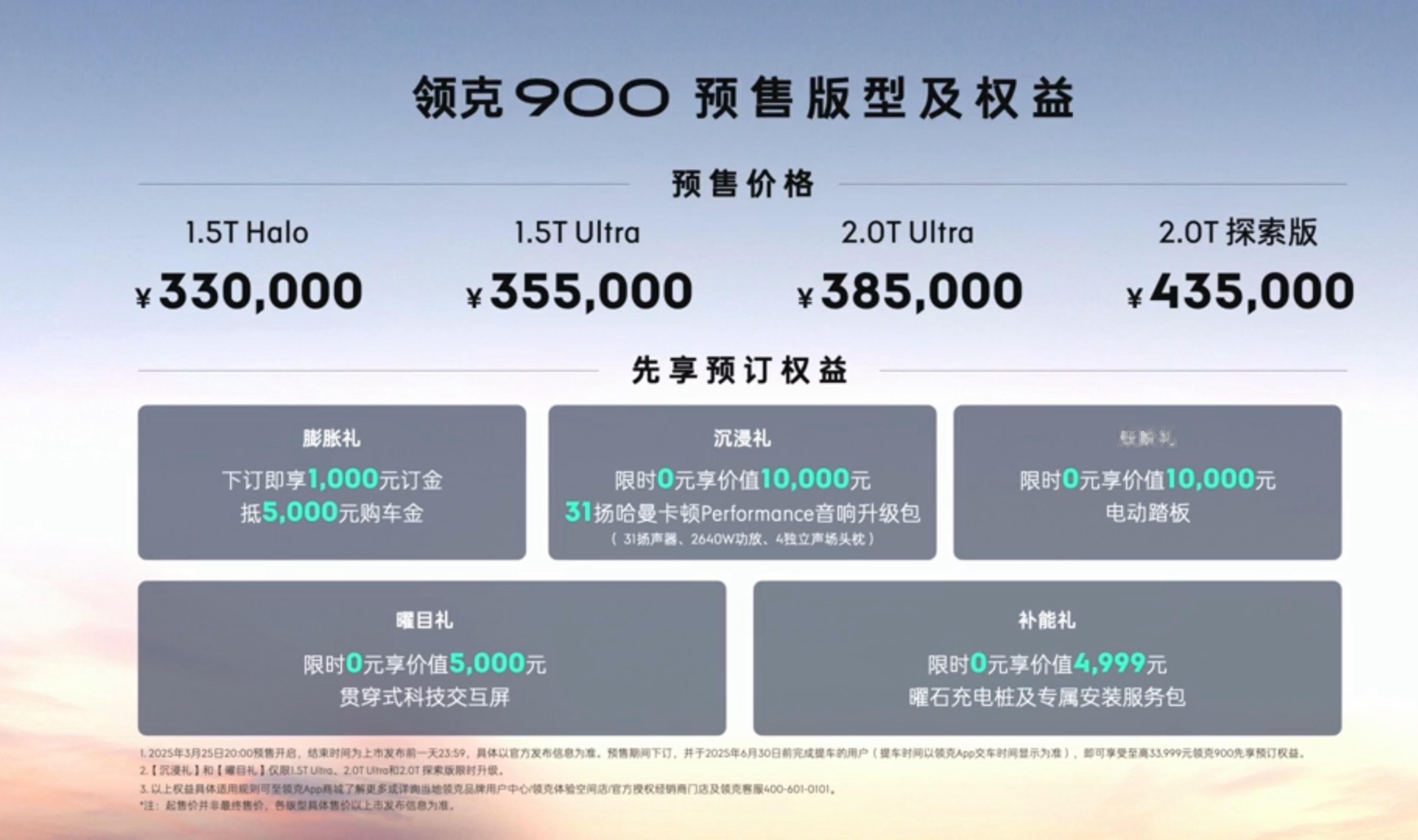 领克900 预售价格公布 33 - 43.5万，一共 4 个配置。其中预售期间，