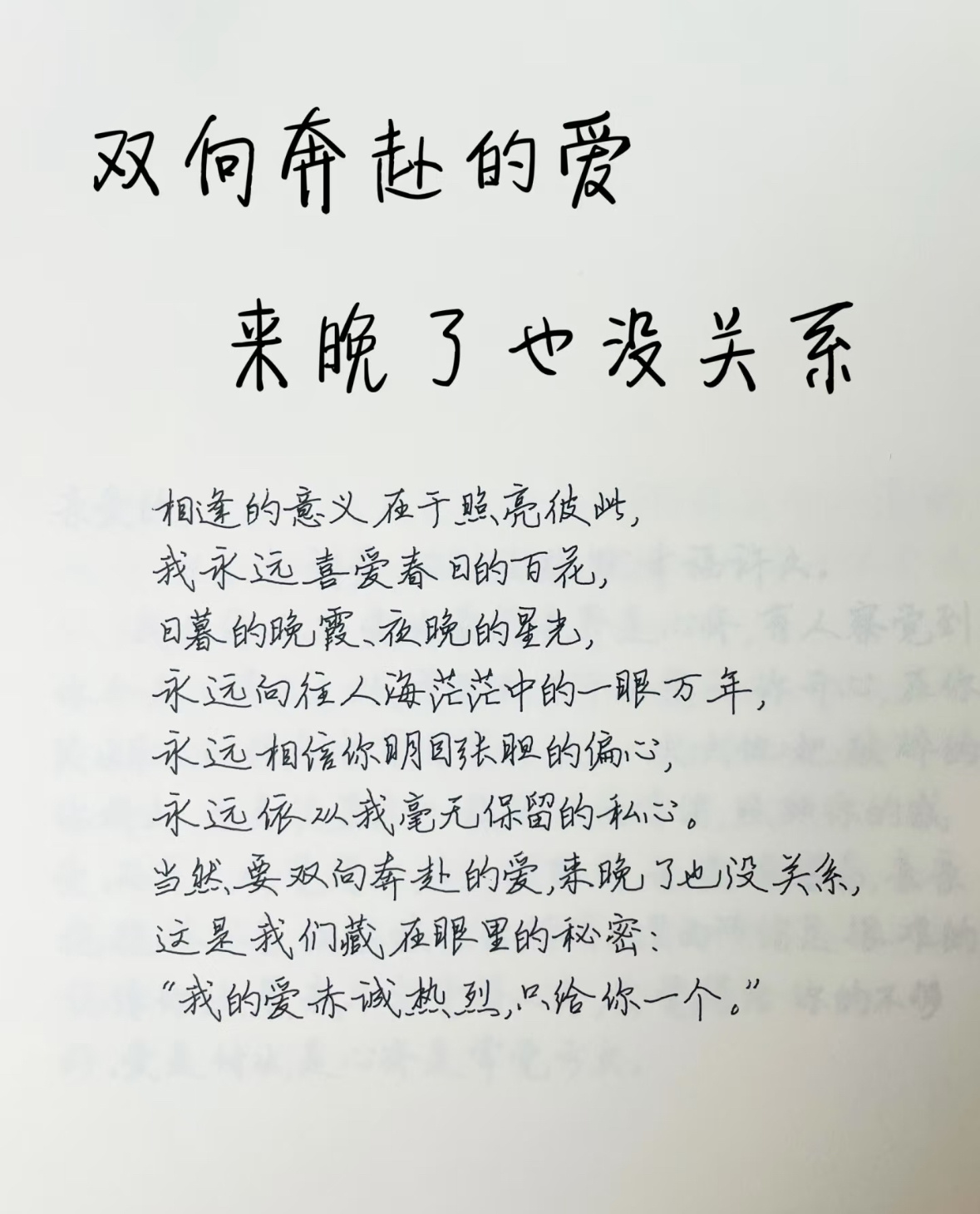 双向奔赴的爱来晚了也没关系相逢的意义在于照亮彼此，我永远喜爱春回的百花，日暮的晚