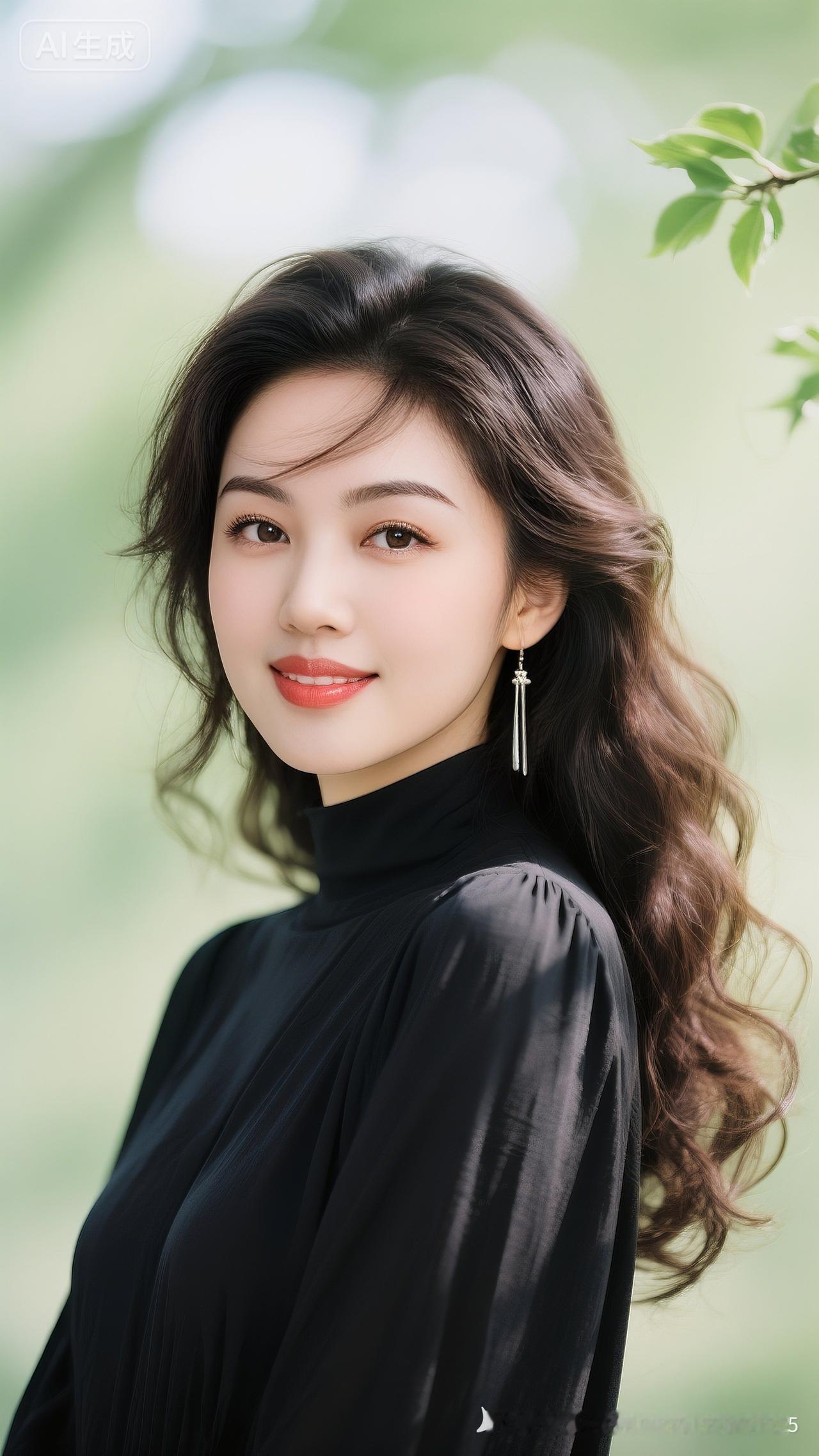 绝色佳人黑棕微卷发丝分明，浓眉大眼配粉亮唇彩，眼神妩媚明亮，戴长耳坠，着黑色高领