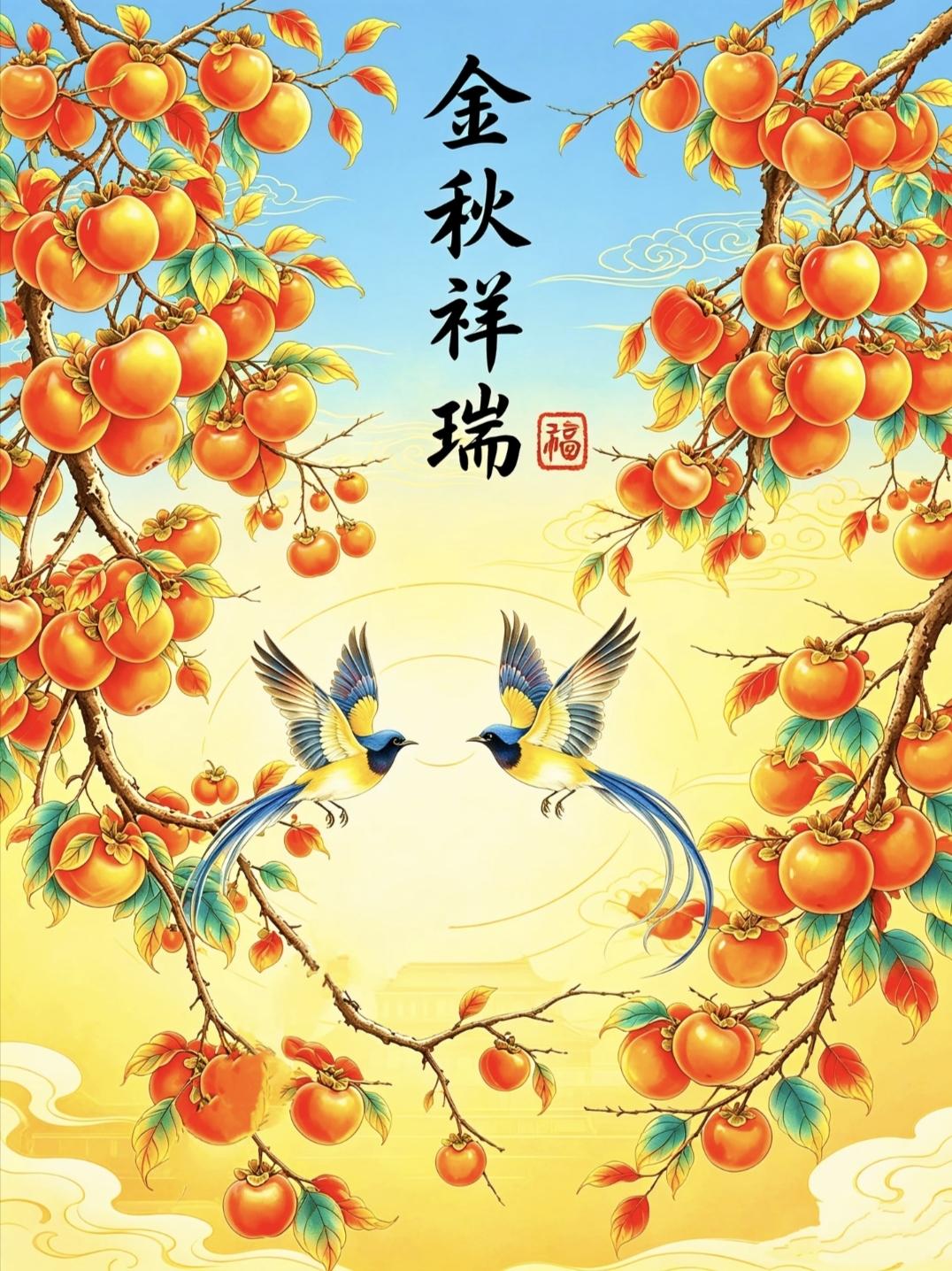 金秋柿子红，喜鹊衔福来，愿你日日顺心，岁岁安康，生活甜润如蜜，好运常伴左右。传统