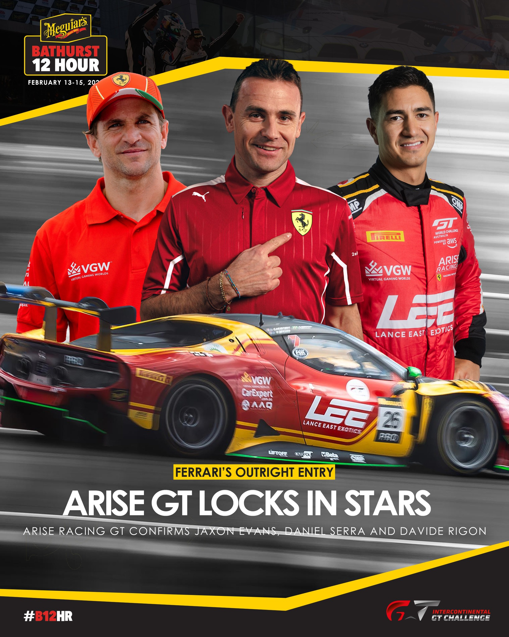 法拉利客户车队 Arise Racing GT公布2月巴瑟斯特12小时Pro车组