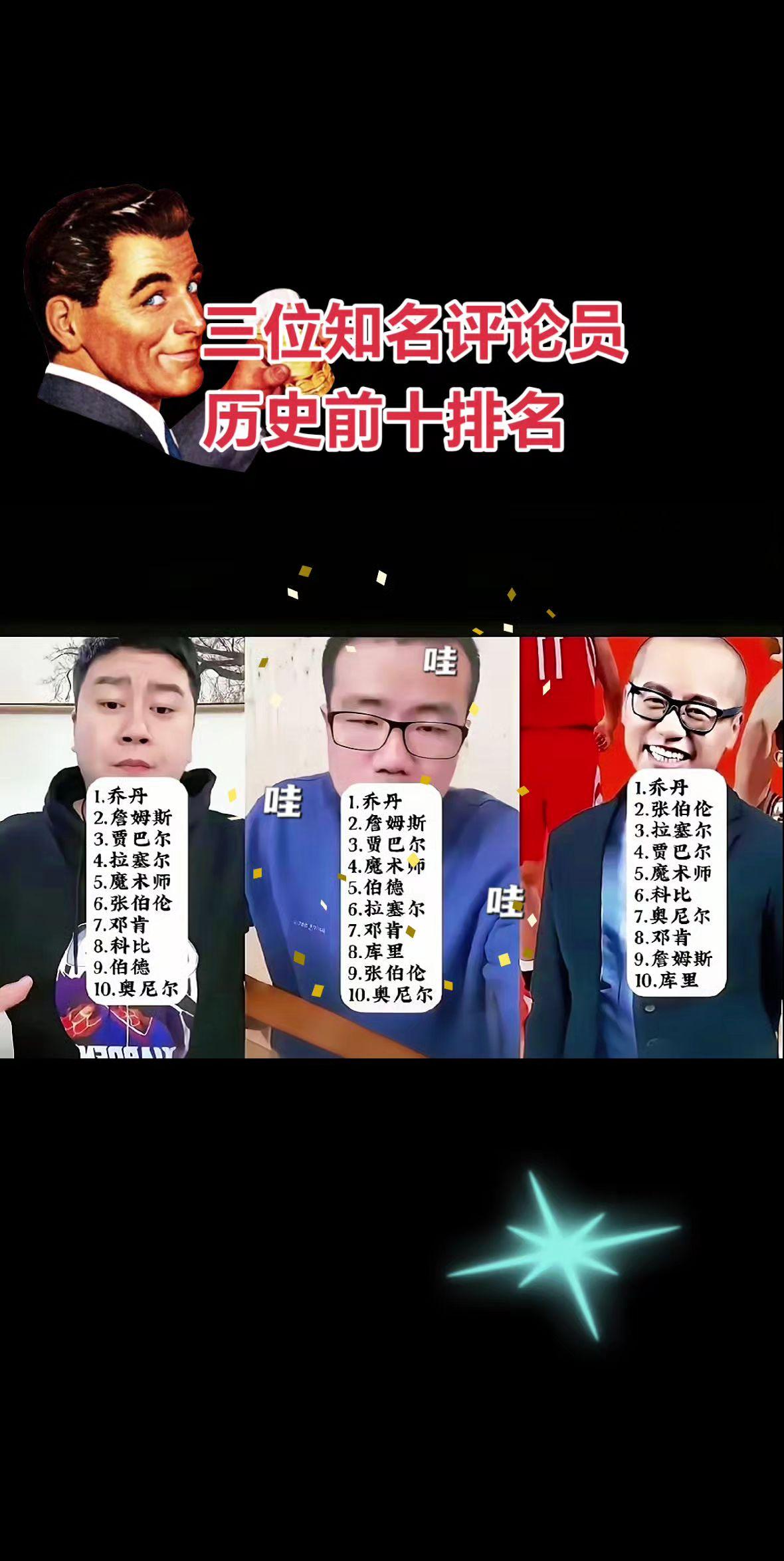 三位知名评论员对NBA历史巨星进行前十排名，你认可吗？
评论区见分晓！
NBA 