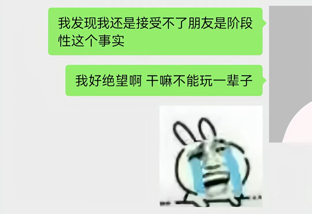 我发现我还是接受不了朋友是阶段性的这个事实，或许友谊脑下场惨过恋爱脑。。。 