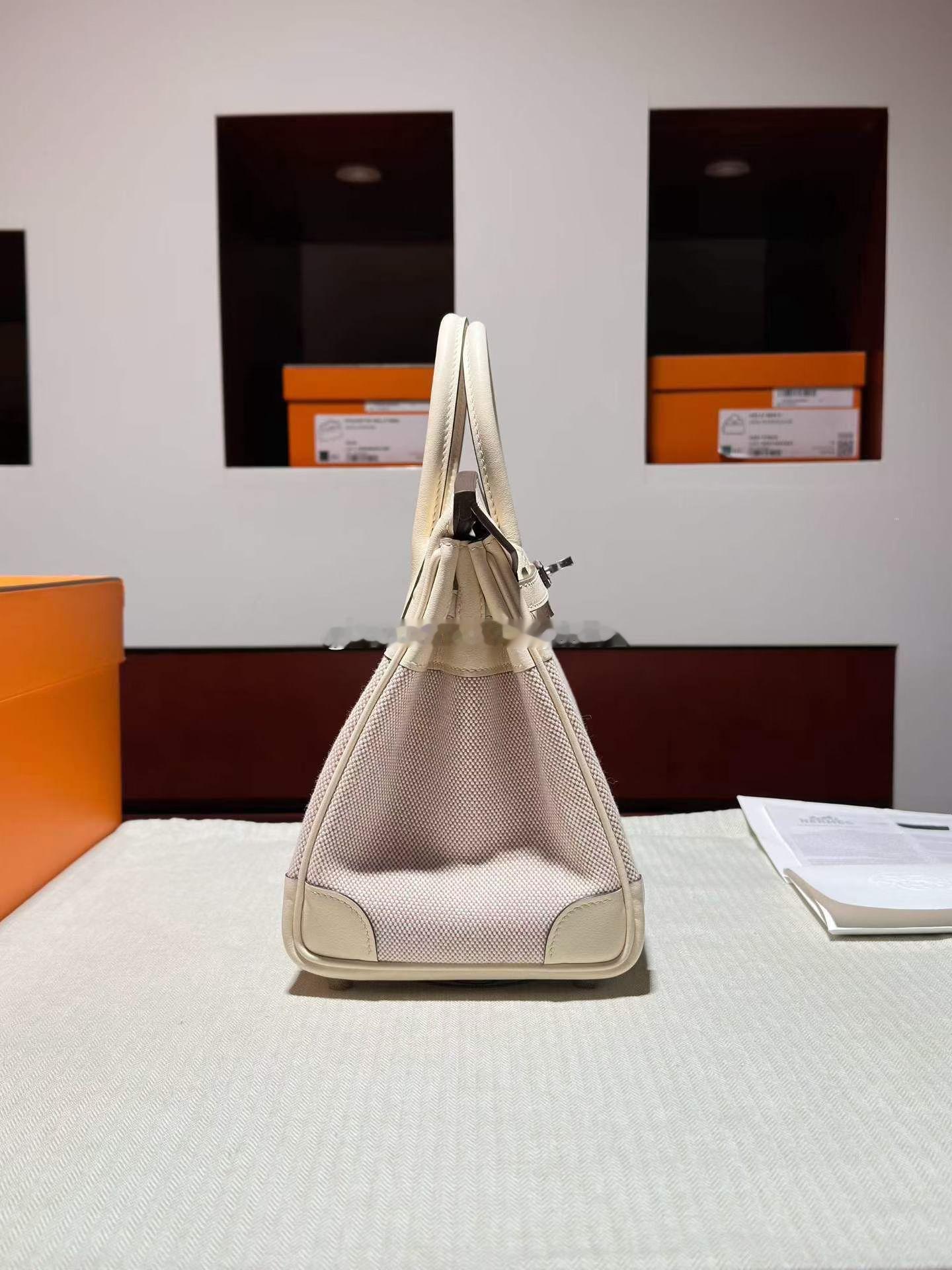 Birkin 25 T&C Swift拼帆布Toile H 奶油白 银扣 帆布拼