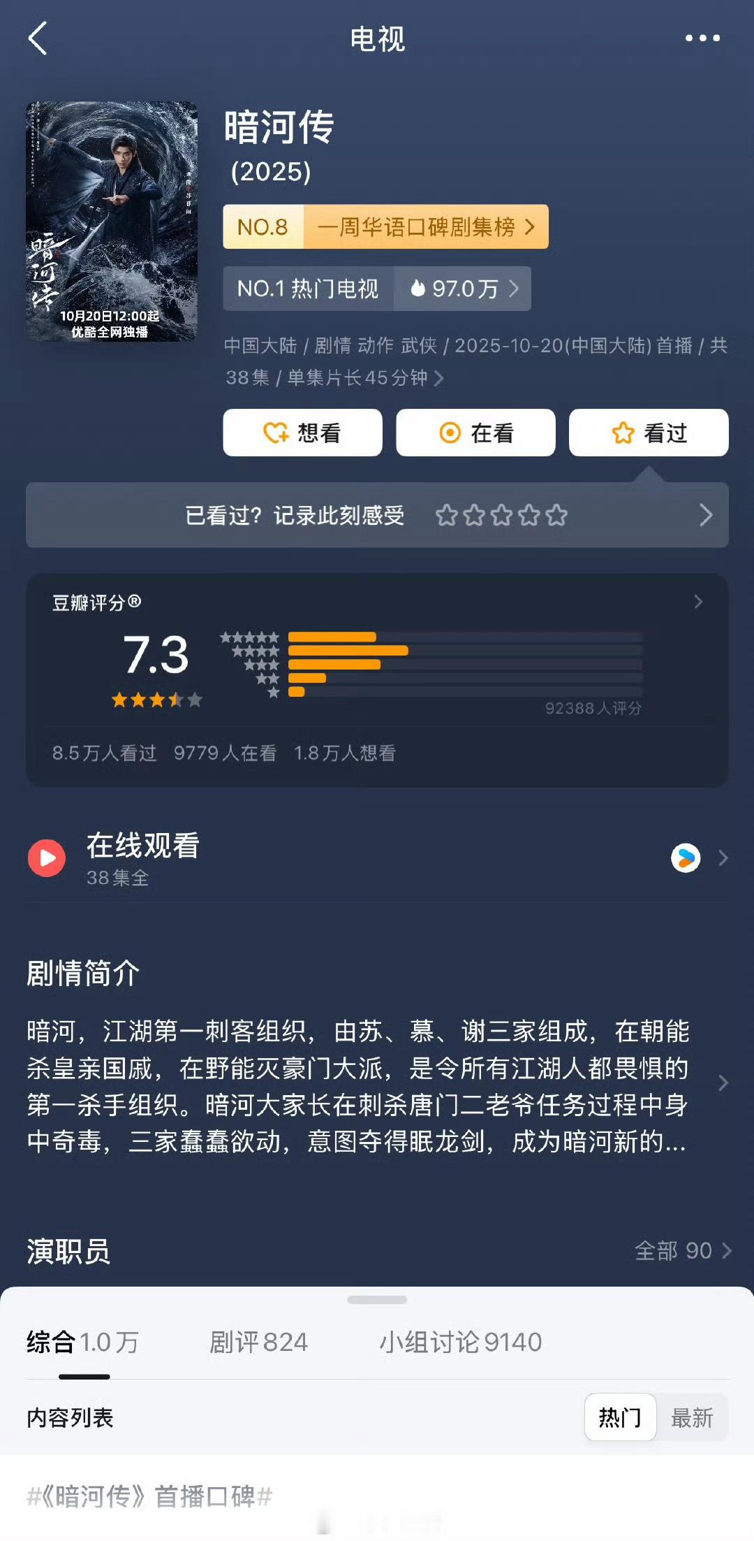 龚俊暗河传豆瓣评分从7.1涨到7.3了，口碑还在发酵中。 而且实时热门书影音、电