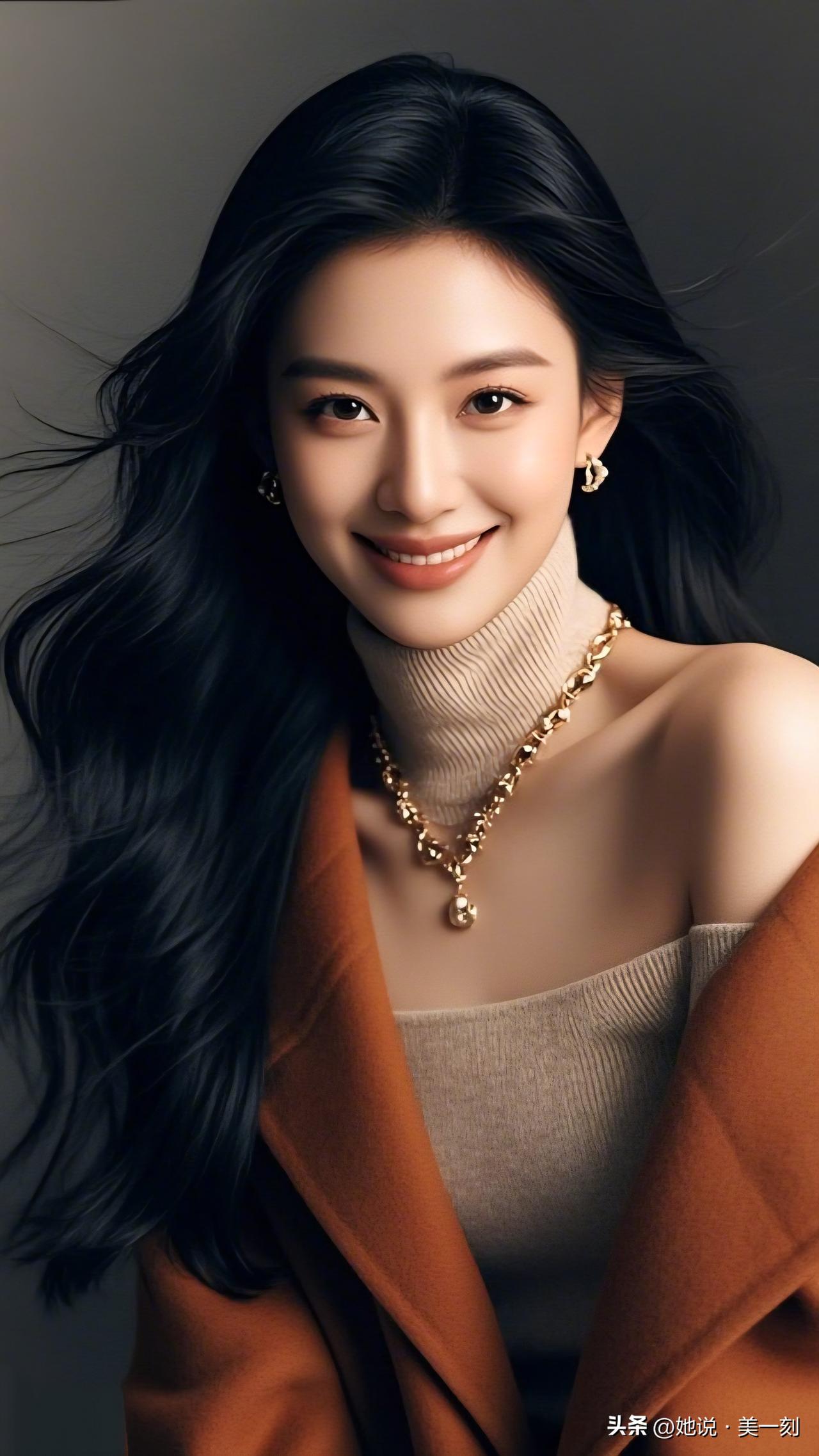 优雅黑发，甜美笑容，金色项链点缀，时尚穿搭，尽显魅力！💖✨优雅自信穿搭分享