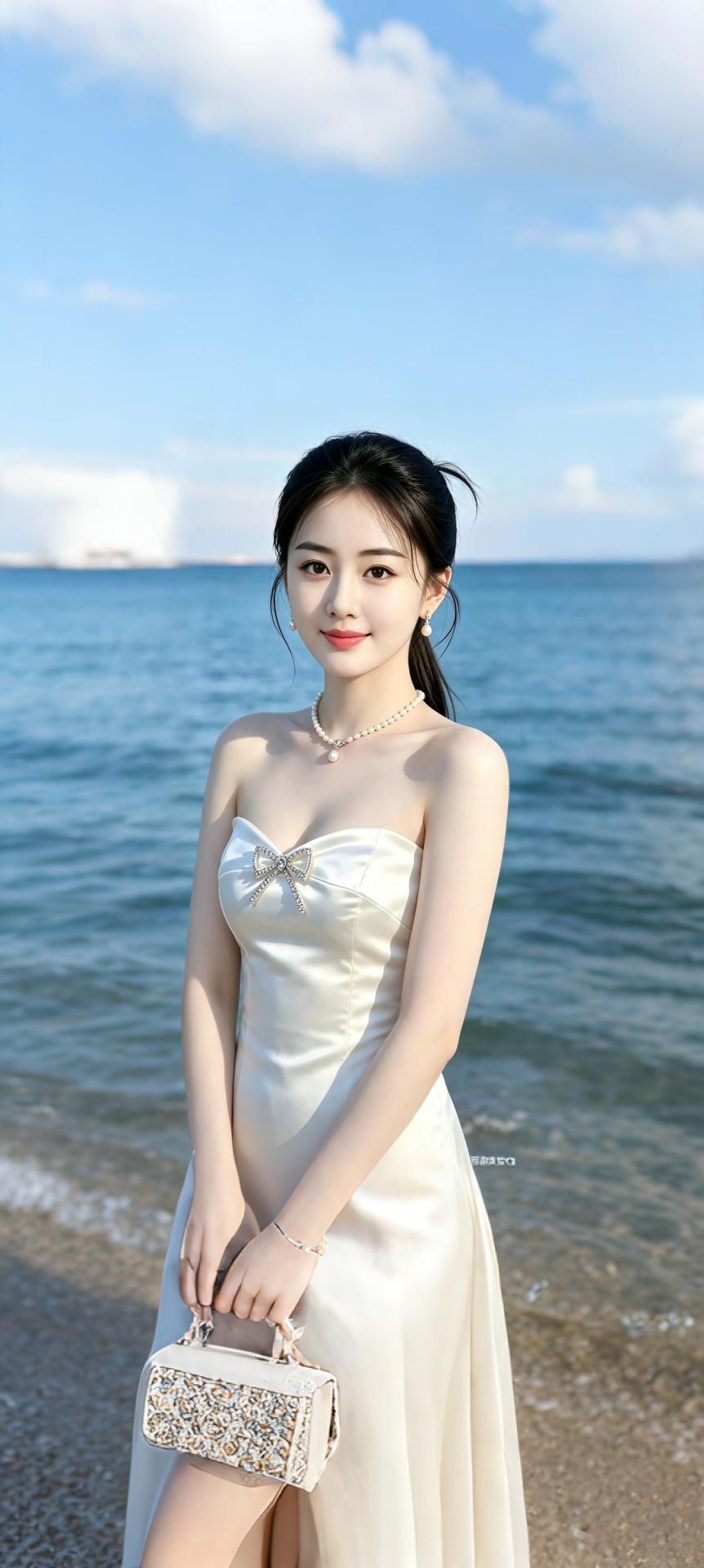海畔清姝
沧波浩渺映娇容，素锦凝霜抹胸盈。
钻蝶流光妆素袂，珠链垂莹绕玉颈。
青