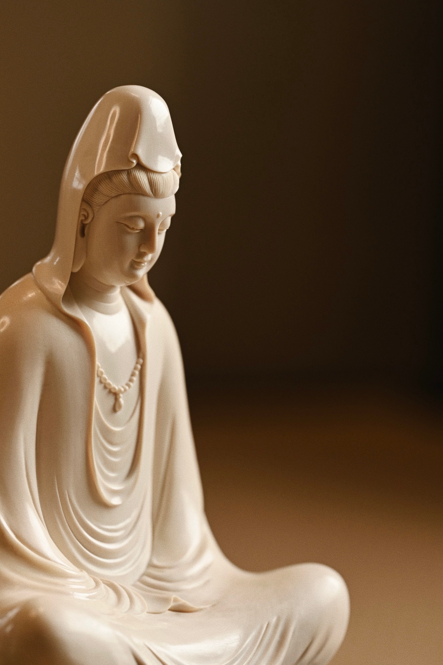 猛犸 | 静思观音精工雕琢观音禅定造像，面相端庄慈悲，眉眼柔和沉静，衣纹流转自然