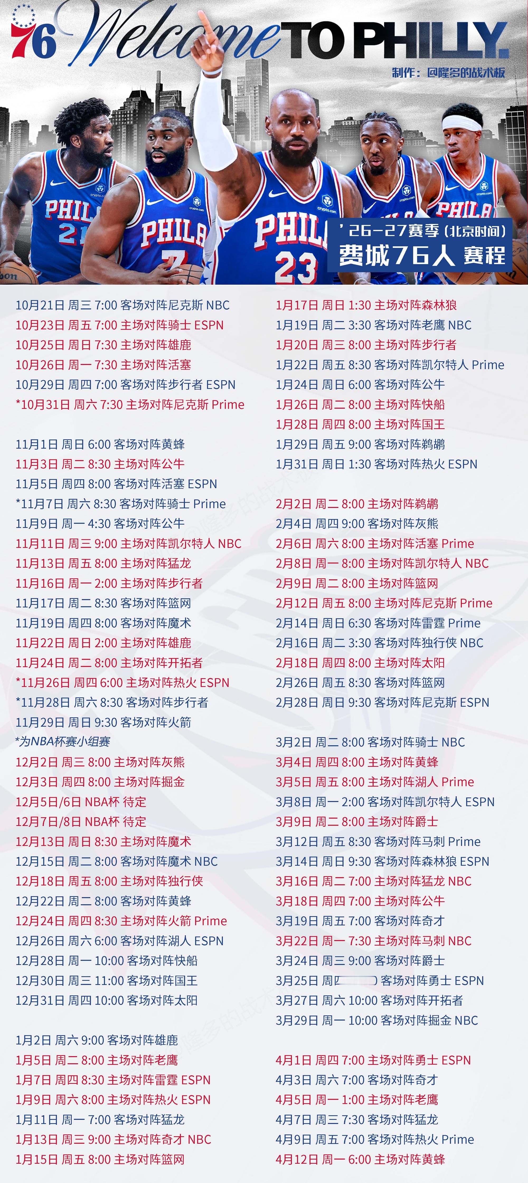 76人队2026-27赛季赛程表，全北京时间。 