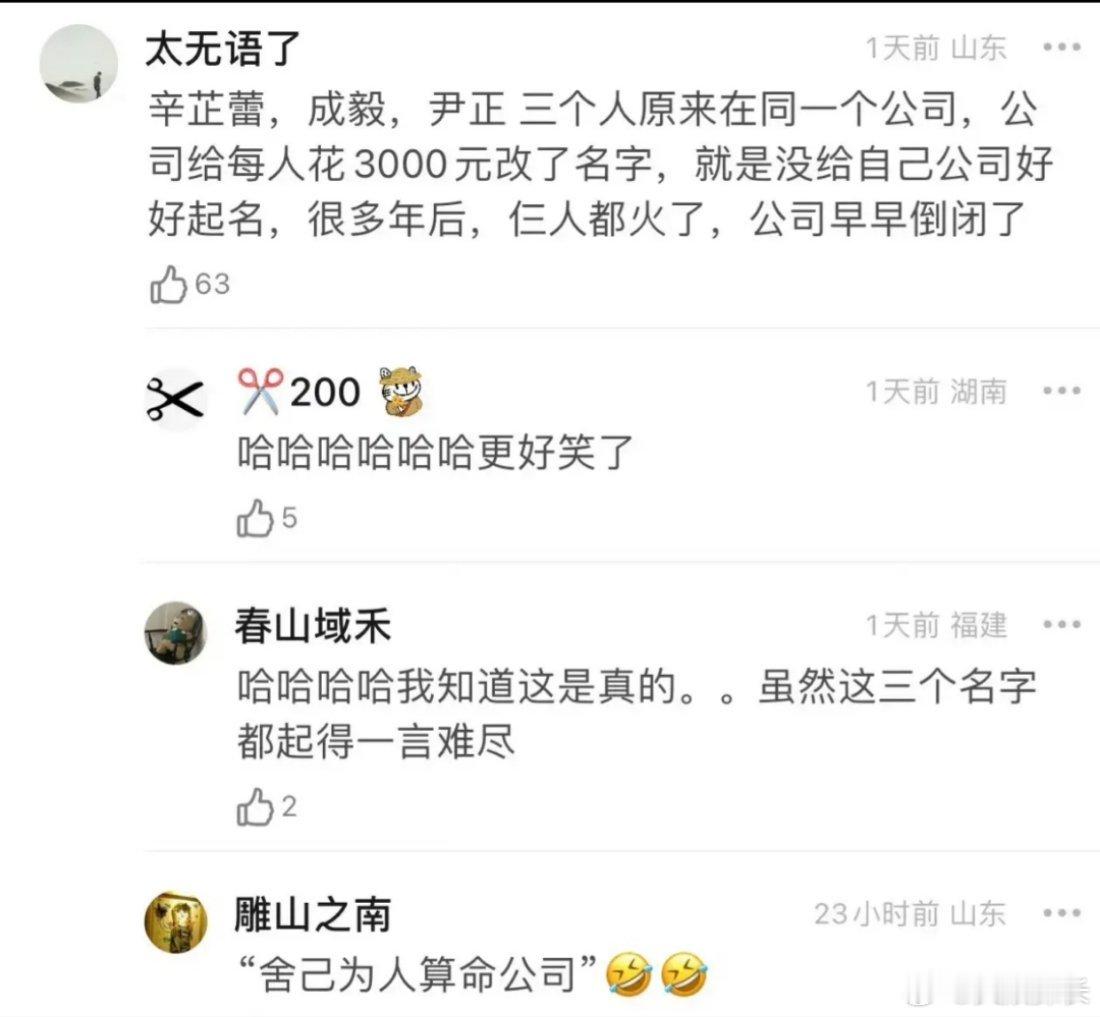 辛芷蕾，成毅，尹正三个人原来在同一个公司，公司给每人花3000元改了名字，现在三