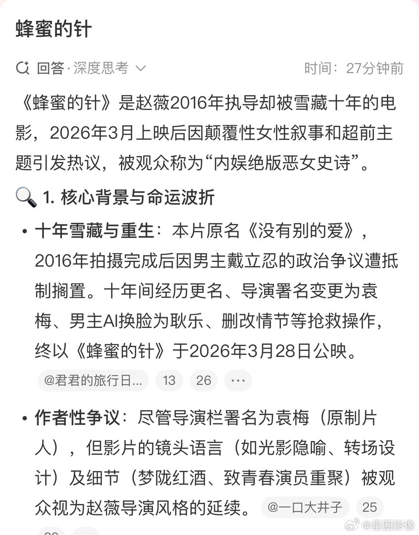 电影蜂蜜的针定档那我有疑问了，这电影之前赵薇执导的，现在班底都换了，还是按之前的