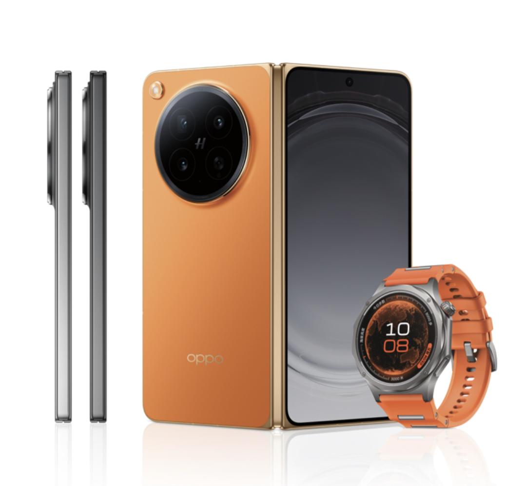 超薄折叠屏新品OPPO Find N6有三款颜色，金橙、原钛、深黑。相机模组然是