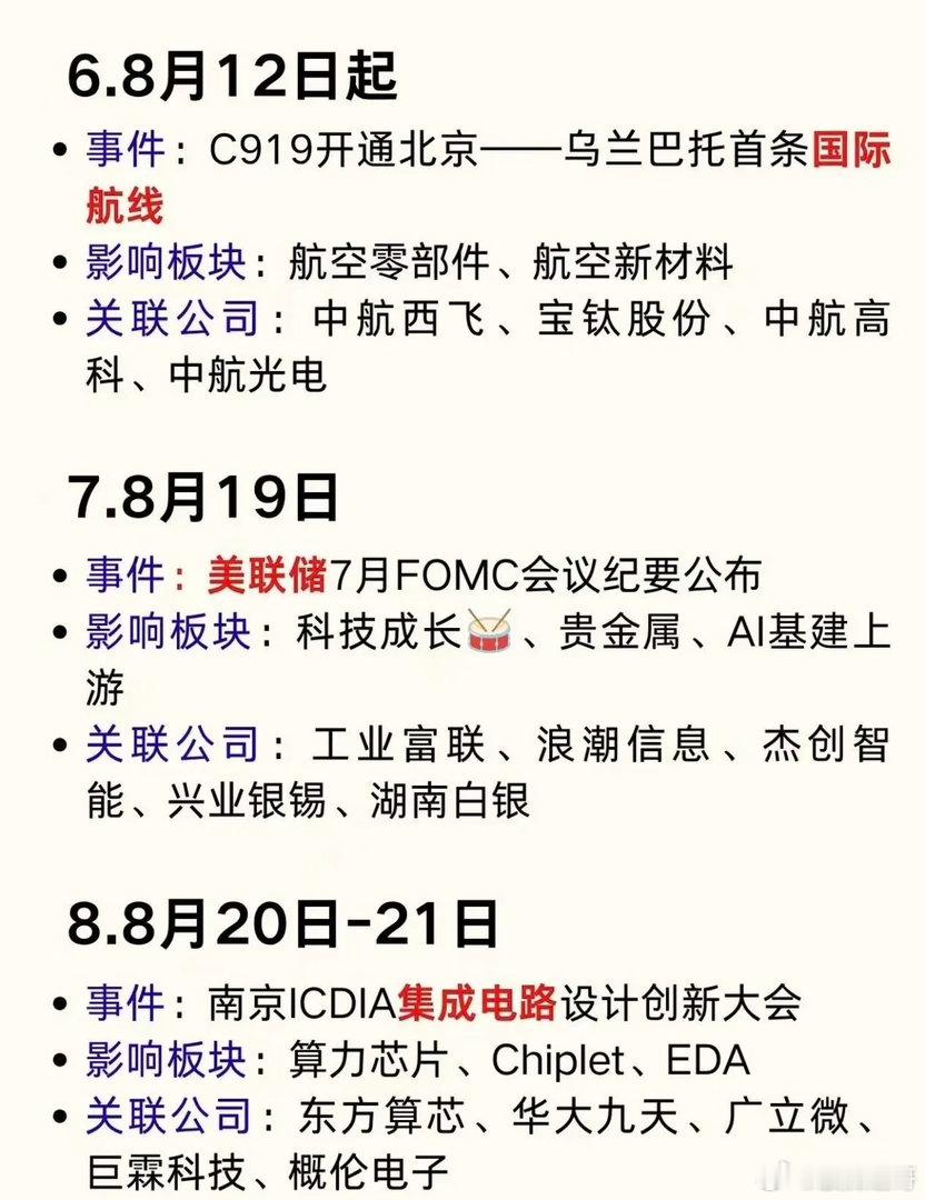失踪人口回来更新啦8月重磅事件日历，把握板块催化节点市场变化常会被产业会议、zc