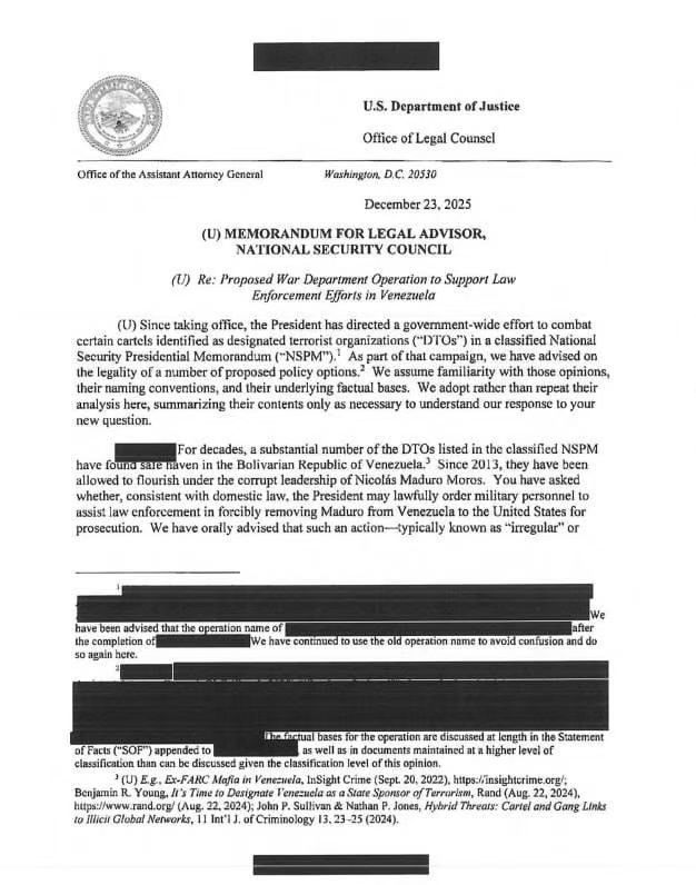 美国司法部公布了一份此前保密的关于绑架马杜罗法律意见书，要点如下：- 美国绑架行