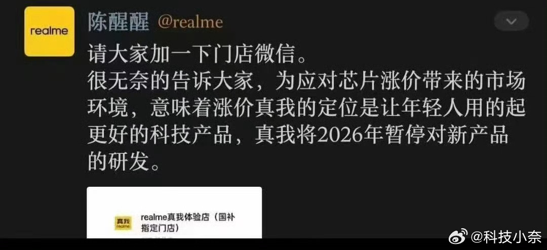 真我 暂停新机研发 只能说存储价格的暴涨，把国产手机带入了一场新的淘汰赛！更何况