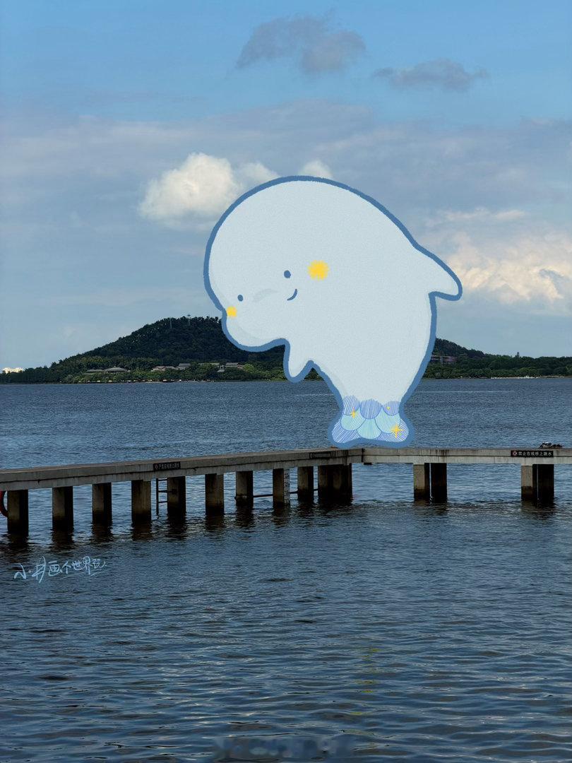 凉风吹到湖边。小井画个世界玩插画盛夏pad绘画东湖江豚武昌