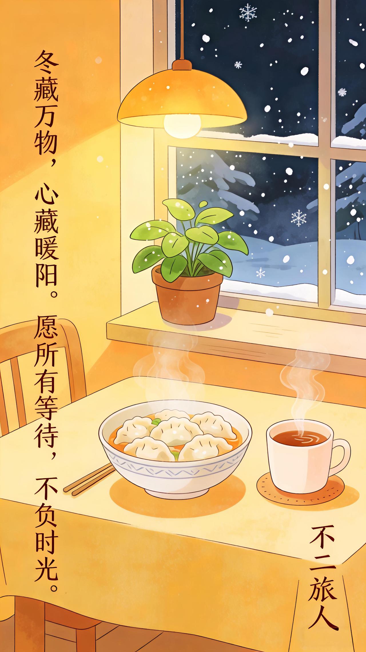“冬藏万物，心藏暖阳。愿所有等待，不负时光。”  冬至 不二旅人