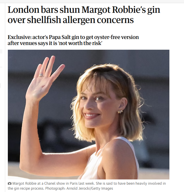 玛格特罗比烈酒品牌遭重创 Margot Robbie和她的老公创办了金酒品牌Pa