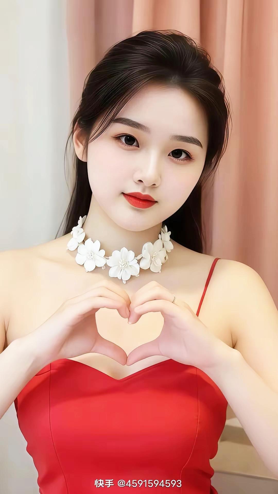 甜美心型手势，红衣白花，少女心爆棚！💖✨