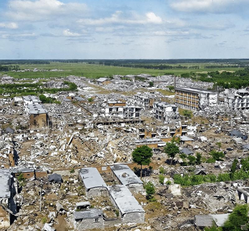 1976年7月28日，唐山地震后的航拍照片，带着直击人心的破碎感。从高空俯瞰，原