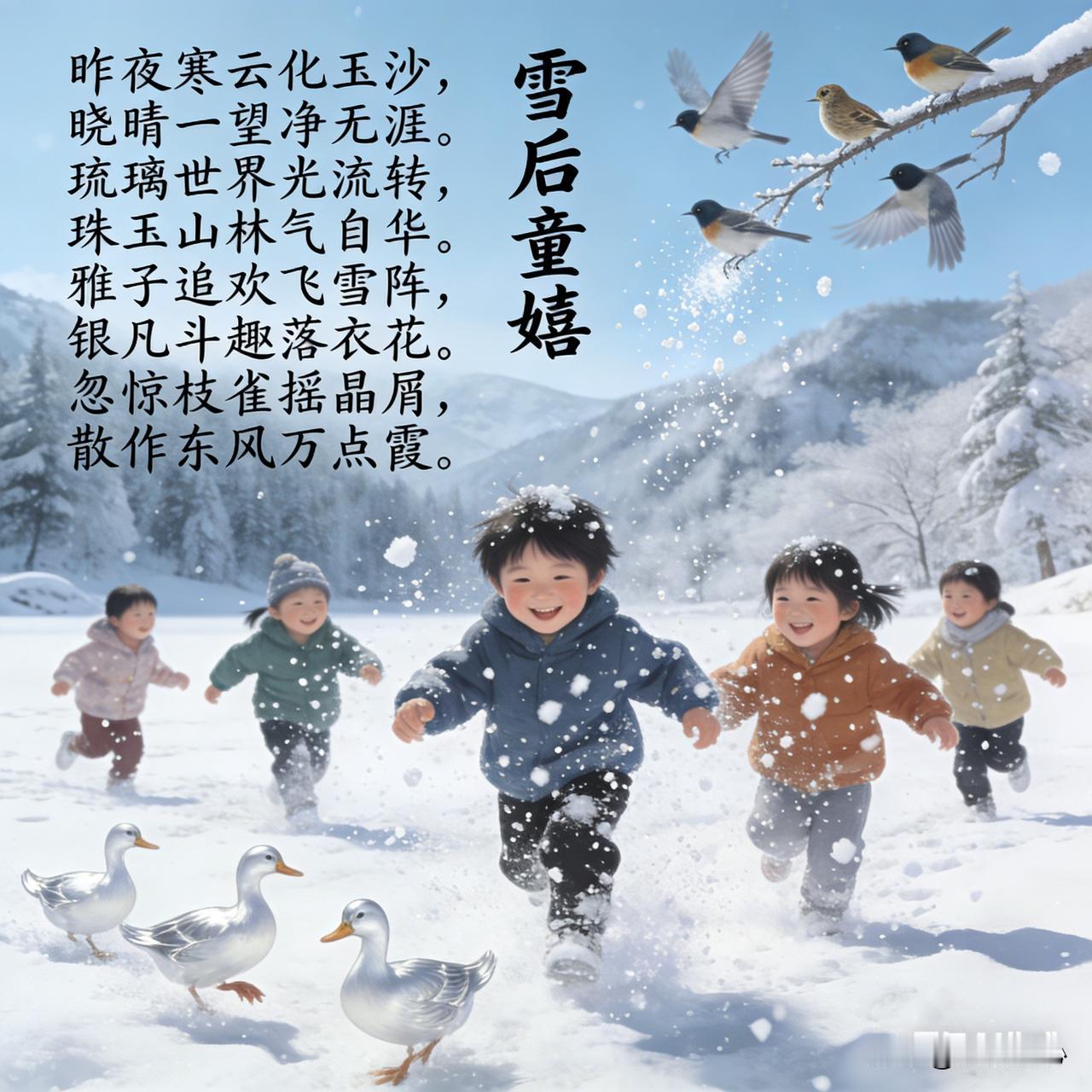 《雪后童嬉》乐韵诗心创作:
昨夜寒云化玉沙，
晓晴一望净无涯。
琉璃世界光流转，