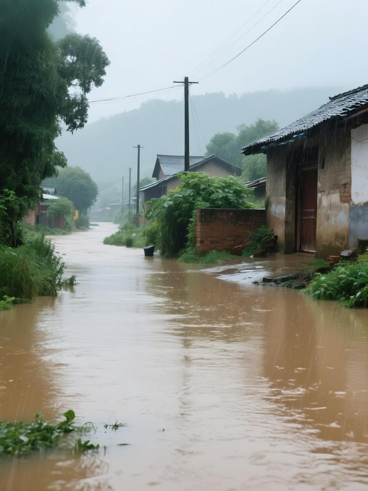 山村雨巷，积水泥流漫街。雨巷青石板 雨巷苔痕 细雨中古街 古街雨天