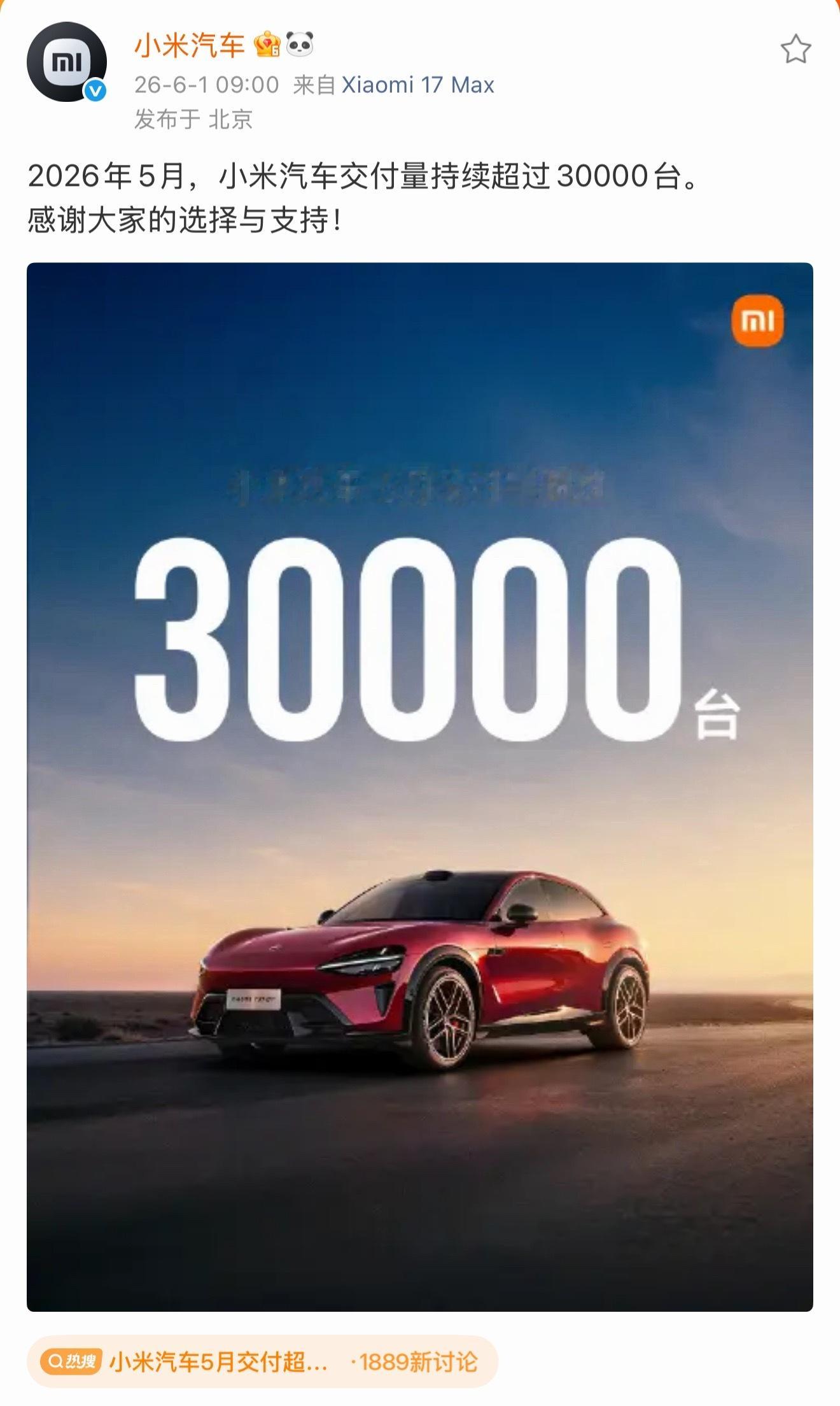 小米汽车5月交付超过30000台 5月又交3万台，有人觉得理所当然是吧？看看乘联