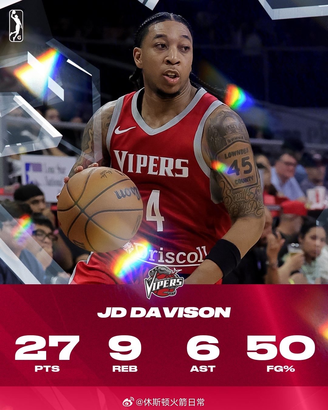 拿到27分9篮板6助攻后，火箭从毒蛇召回了JD-戴维森休斯顿火箭NBA点赞成金