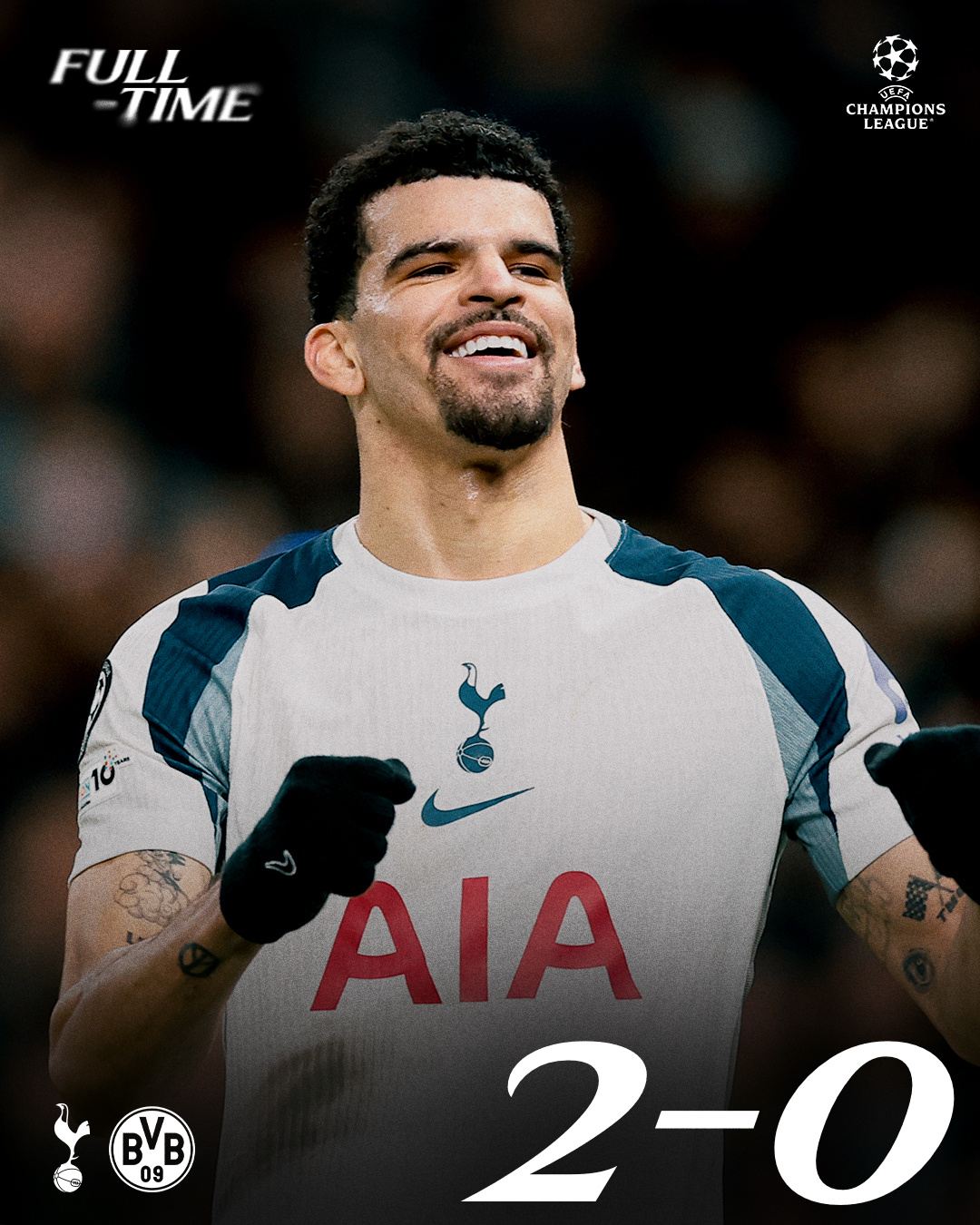 全场比赛结束！热刺残阵2比0击退多特蒙德，欧冠实时积分榜跃升至第四位！COYS！