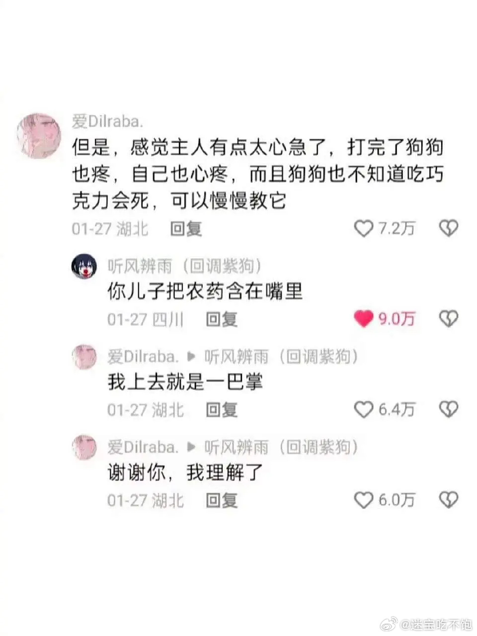 一个博主家的狗狗吃巧克力，博主打了狗狗一耳光，下面评论： 