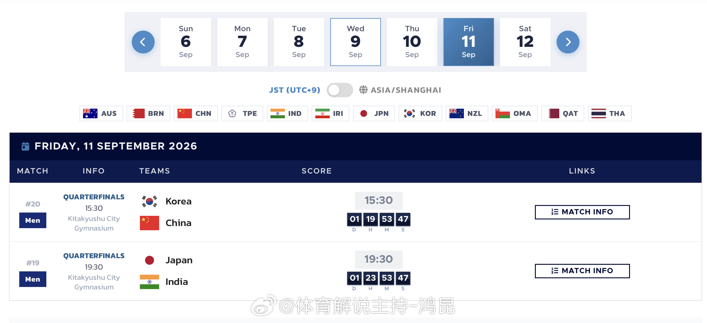 2026年男排亚锦赛  1/4决赛赛程出炉，中国男排9月11日 周五下午14:3