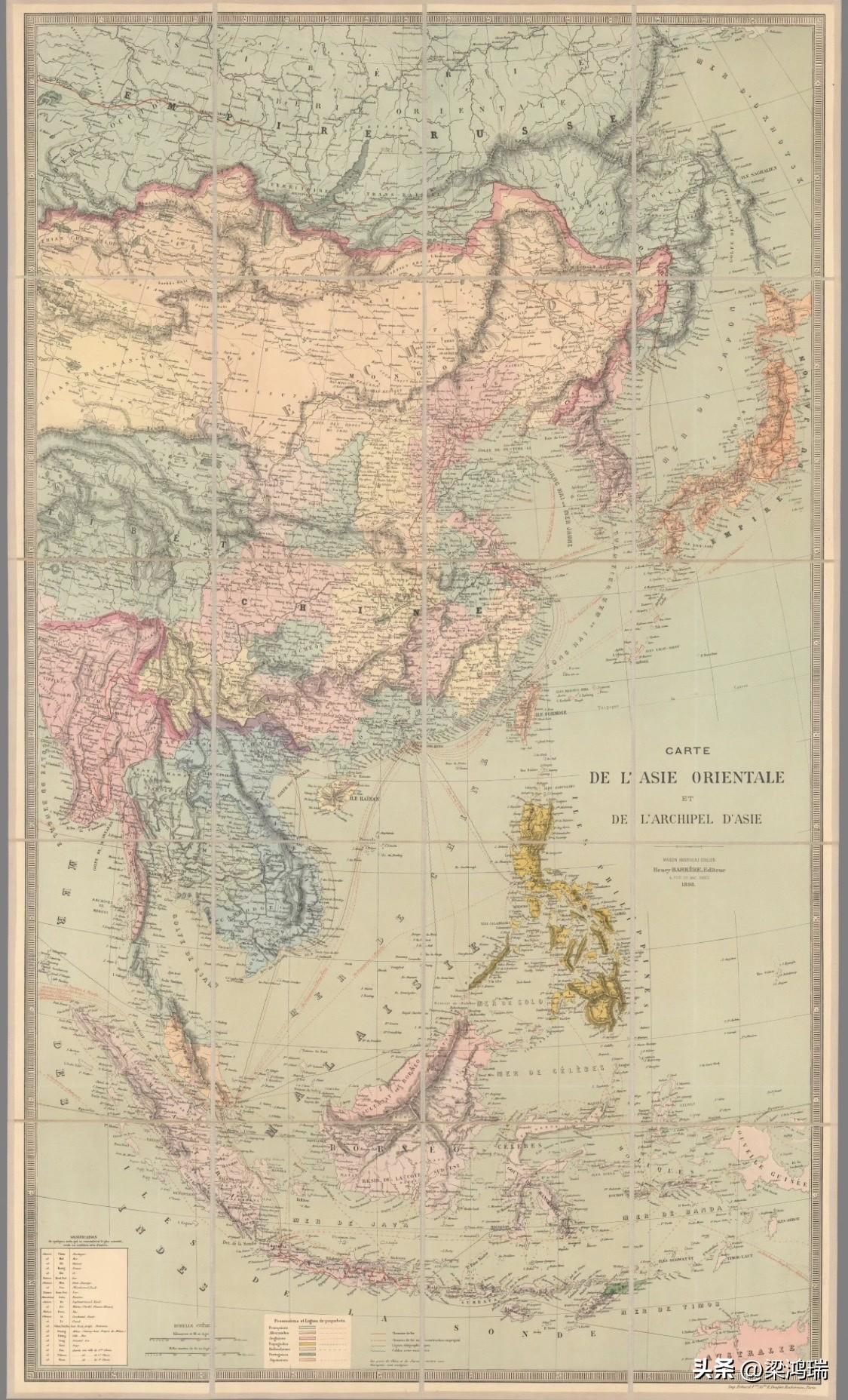 这是一张绘制于1898年的法文东亚地图。这张地图不仅是地理信息的载体，更是一部生