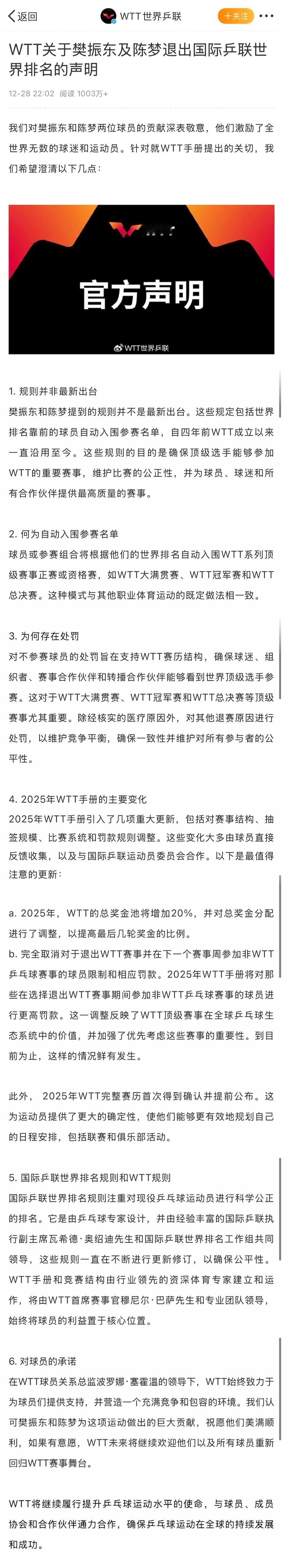 WTT回应樊振东陈梦退出世排 WTT发布声明回应樊振东及陈梦退出国际乒联世界排名