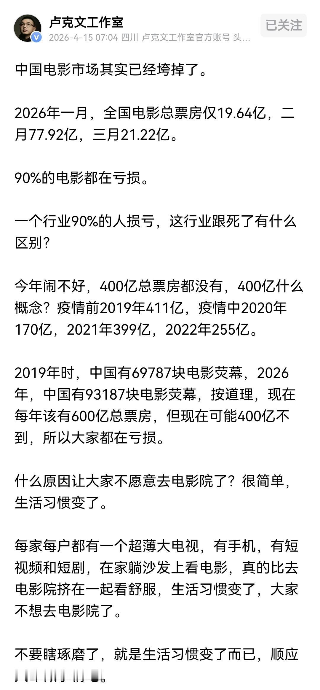 电影市场的崩塌就是生活习惯的改变，人们习惯于躺在家里用手机或者平板看影视剧，年轻