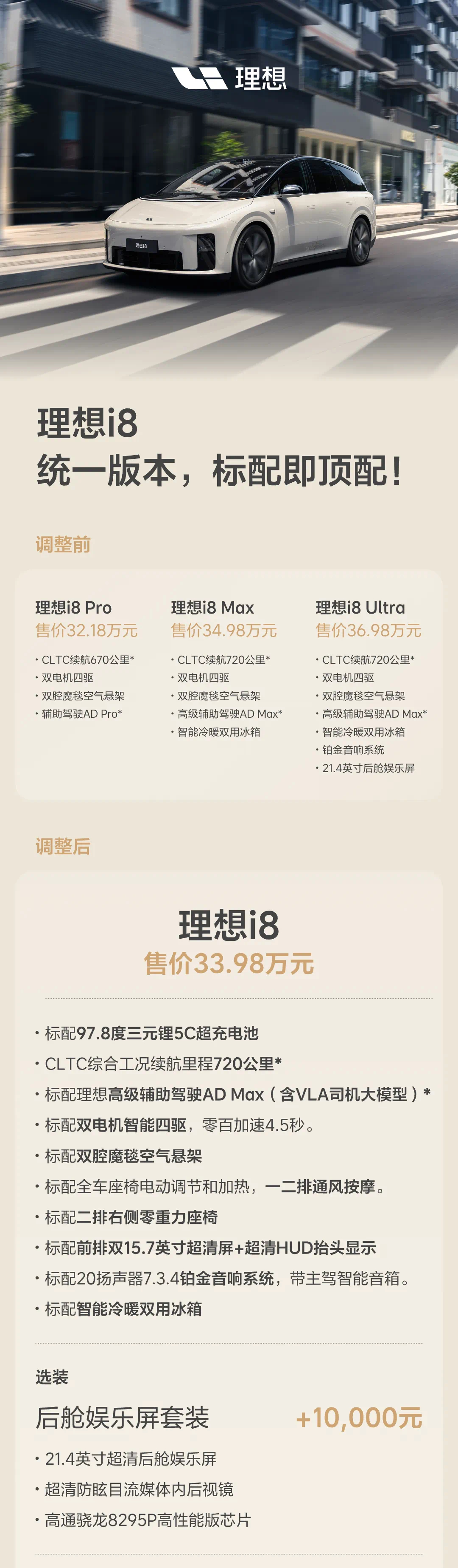 理想i8调整配置了三个版本变成一个售价来到33.98万我看好像电池也都是宁德时代