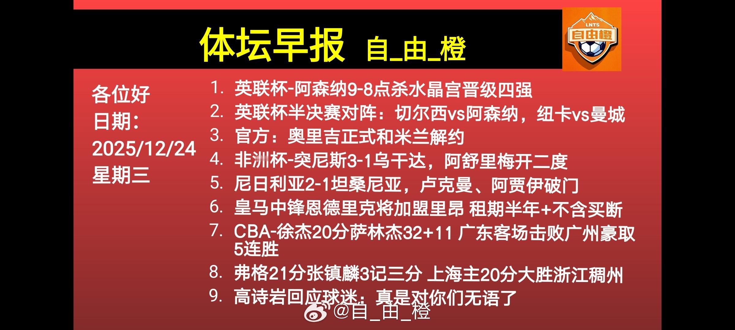 🌐《自由橙足球早报》 12.24 周三➭英联杯阿森纳9-8点杀水晶宫晋级四强，