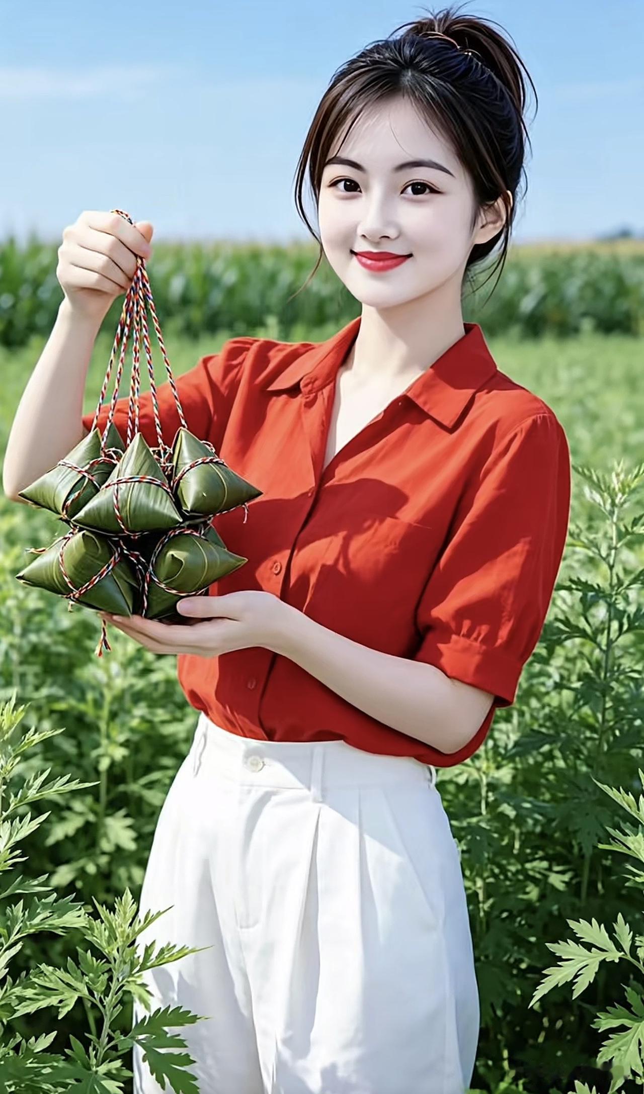 夏日田园风光，手捧粽子，笑靥如花棕叶粽子 农家味粽子 全家福棕叶粽子 头茬粽子 