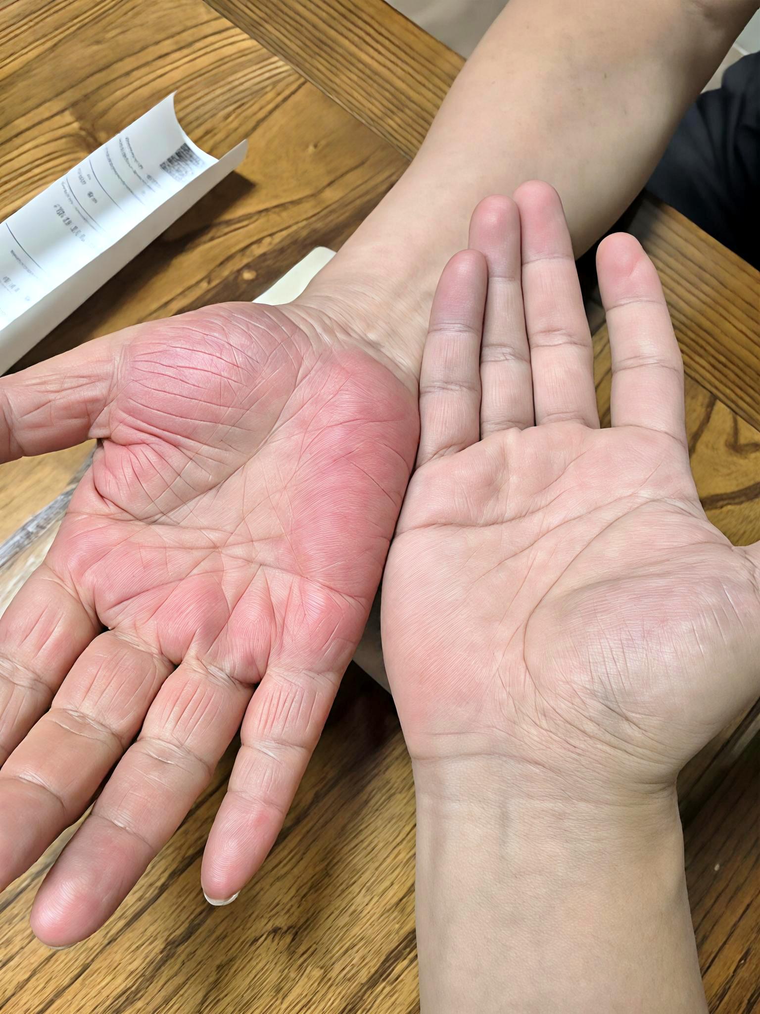 刚刚门诊遇到的肝掌，非常典型：你们能分清谁的手是肝掌吗？看看你们的手掌，别怕！
