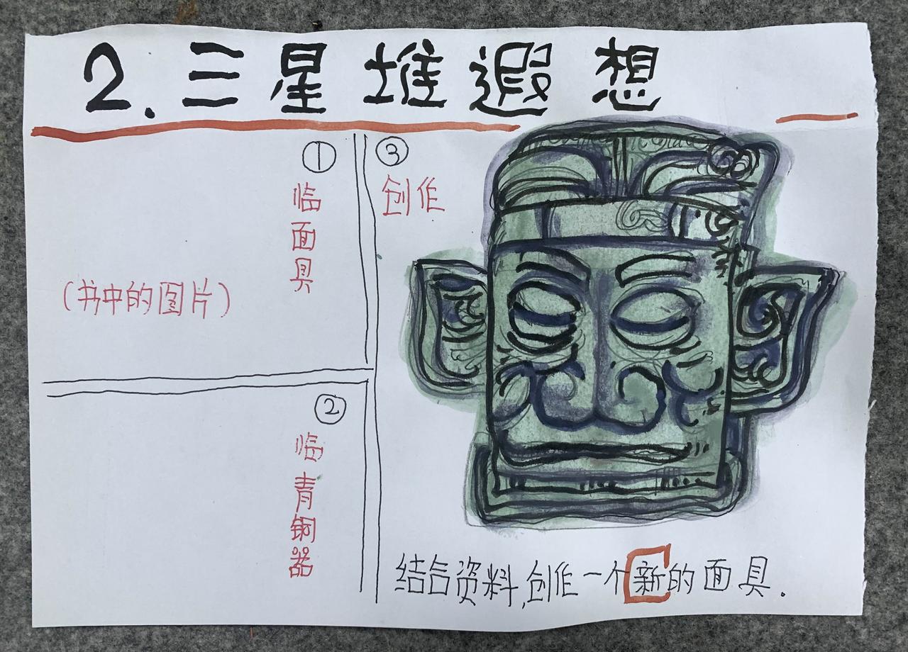 人教版美术四年级上册《三星堆遐想》作业设计，我设计了分层作业。基础一般的孩子可以