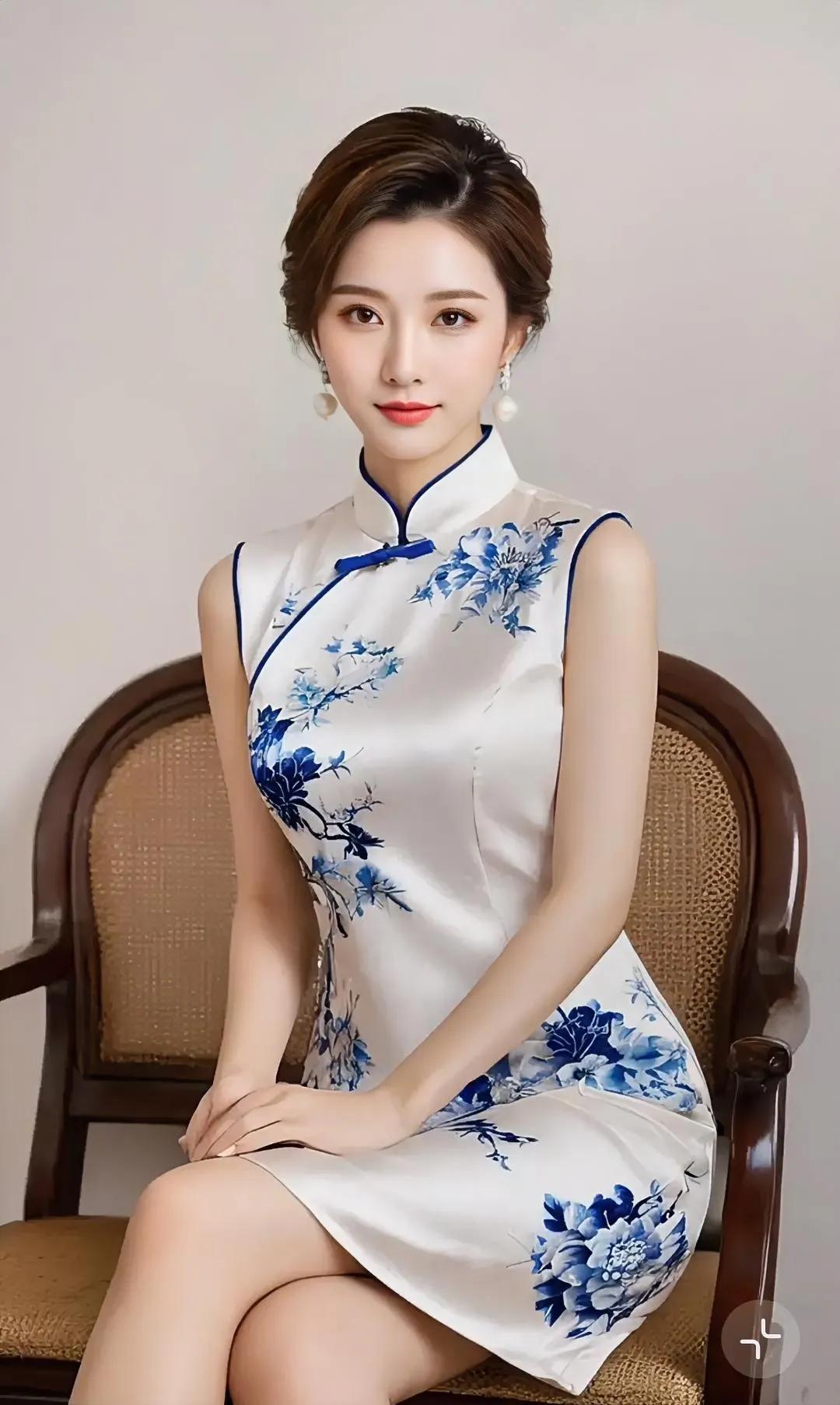 优雅旗袍，蓝白相间，韵味十足。气质美女秀旗袍 优雅旗袍美少女