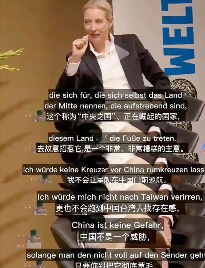 德国女议员魏德尔曾在采访中说了大实话：我不会让军舰在中国门前巡航，更不会跑到中国