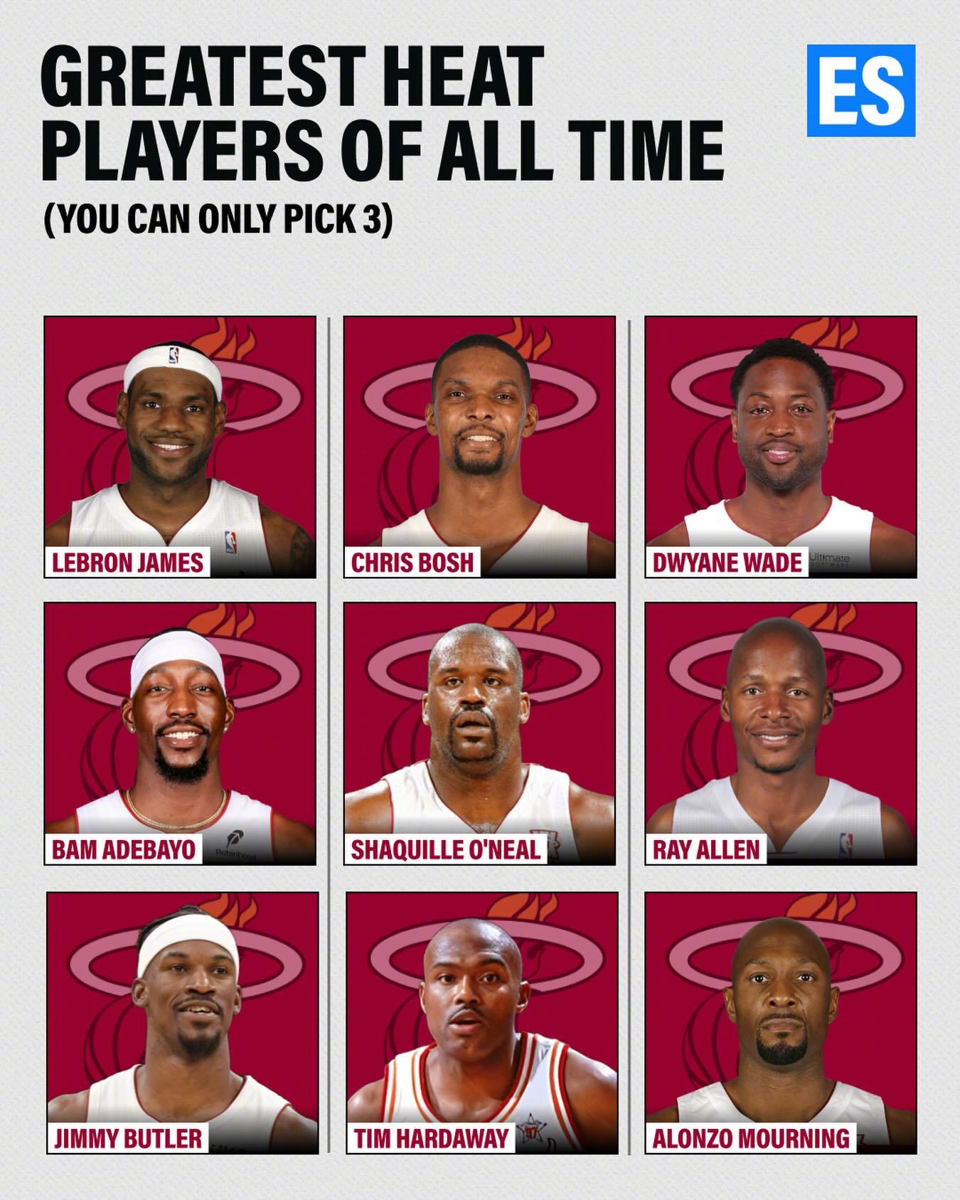 热火这些球员里面选出TOP3，你们会怎么选？韦德、詹姆斯、波什、奥尼尔、巴特勒、