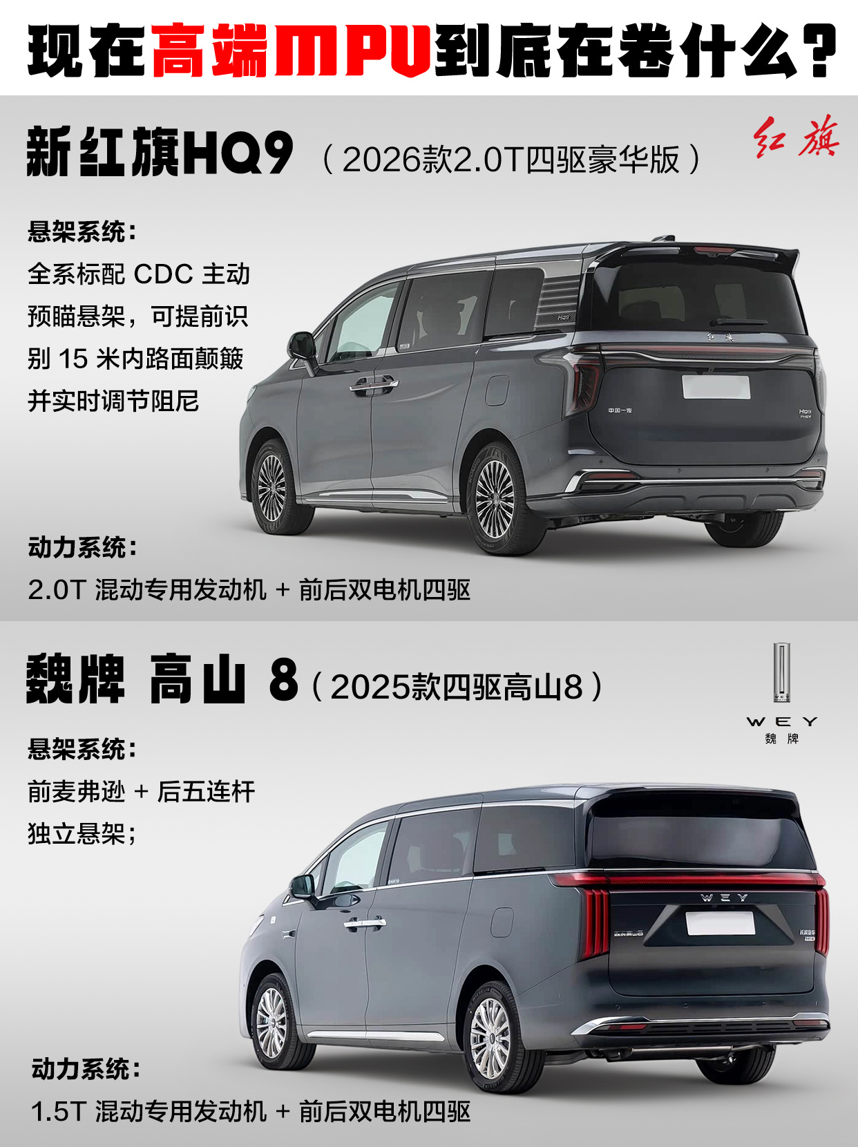现在高端 MPV 到底在卷什么？新红旗 HQ9 与魏牌高山 8 作为主流高端全能