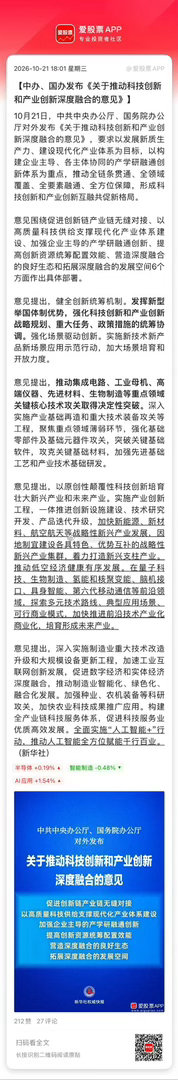 盘后科技又来了不少利好，就问你们信不信吧：1、中办、国办发布关于推动科技创新和产