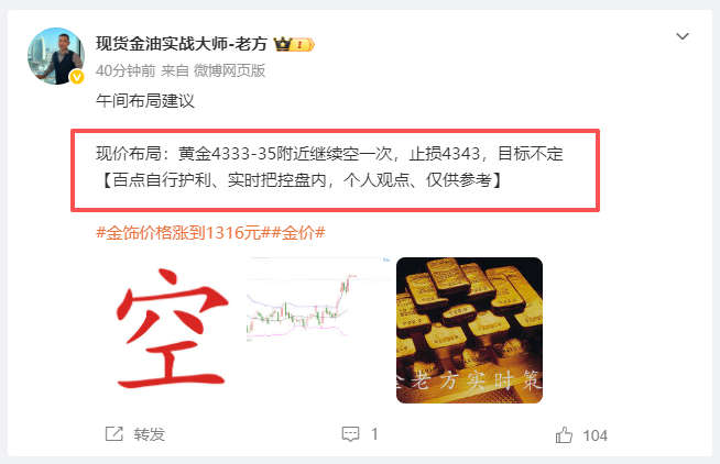 黄金布局4334位置空单，在4324位置呈现 100 点利润！跟单的朋友自行安排
