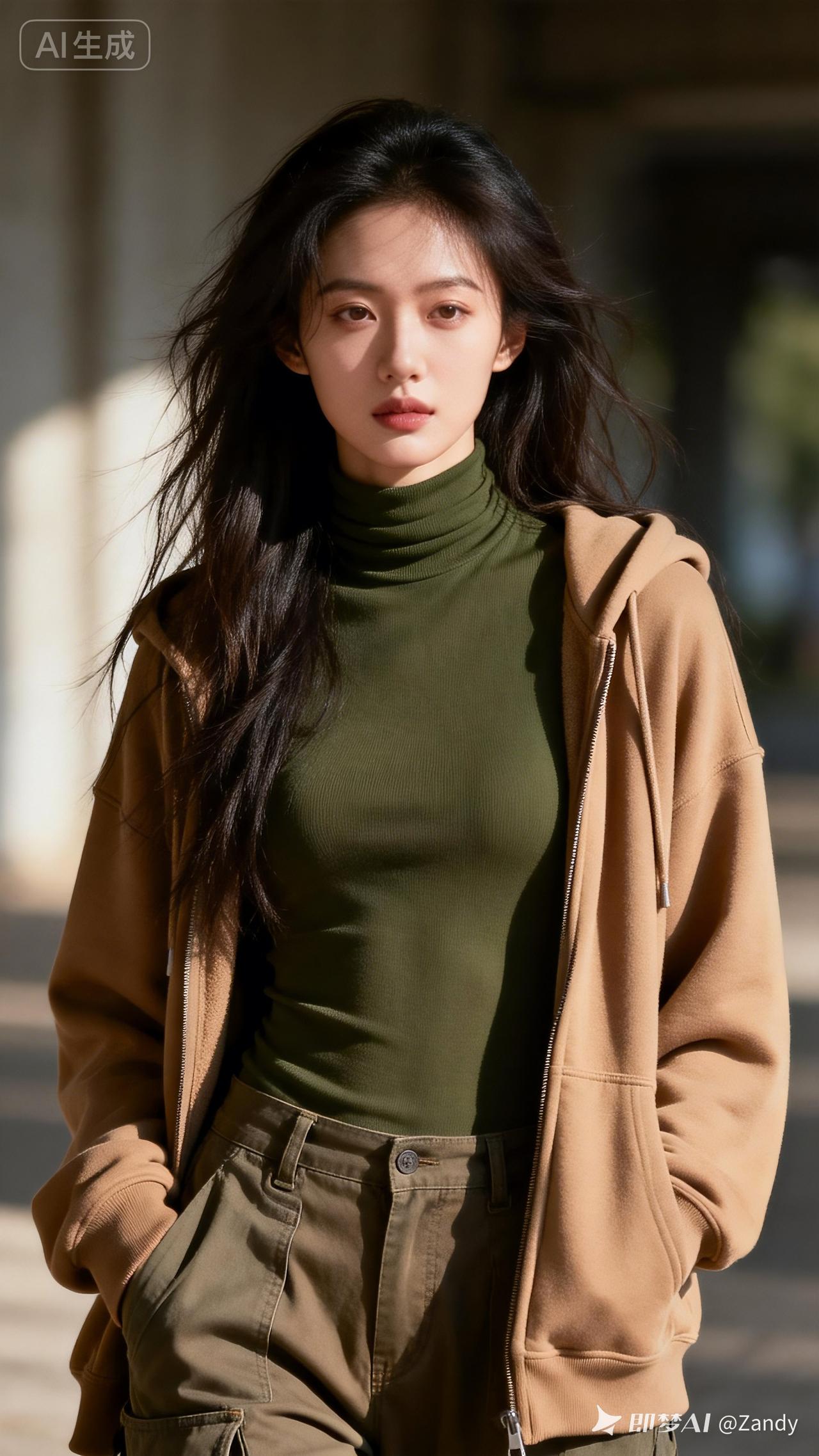 她肤白貌美，甜酷清透妆，长发凌乱有层次。枯绿高领搭驼色卫衣与工装裤，伦勃朗光塑强