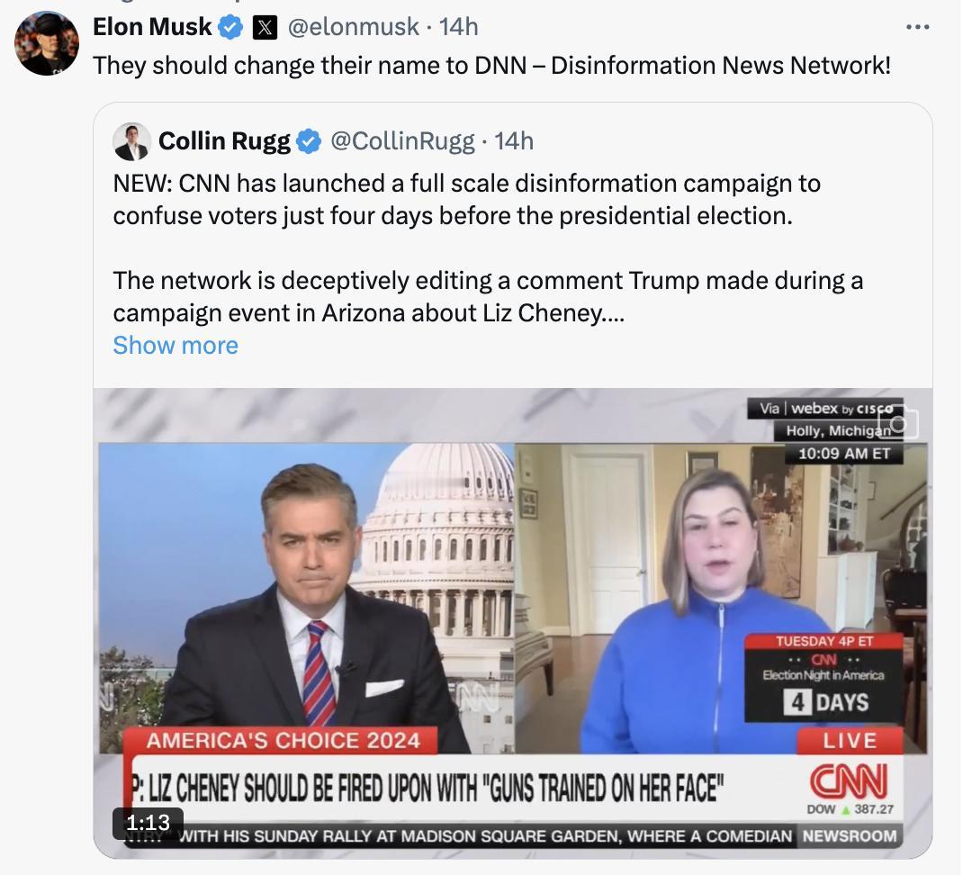 埃隆·马斯克在推文中表示，CNN应改名为“DNN——虚假信息新闻网络！”，这是回